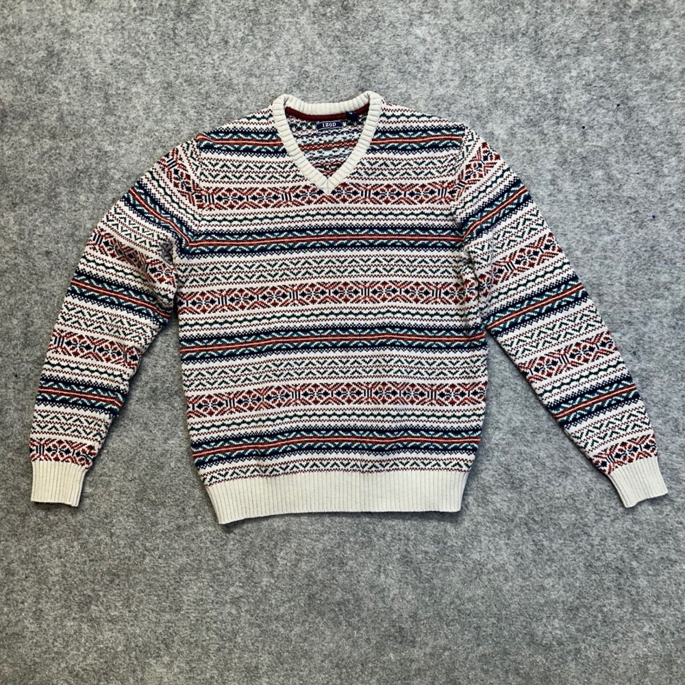 IZOD Fair Isle V-Neck Sweater Women Large Cream Navy Rust Cotton